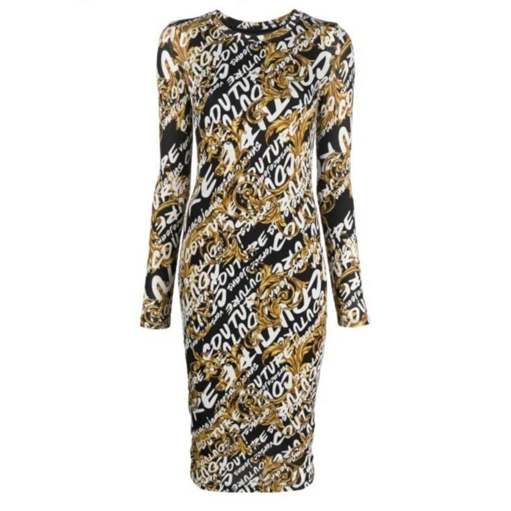 NWT Versace Jeans Couture Barocco Logo Print Long Sleeve Dress Size 6 / IT 42